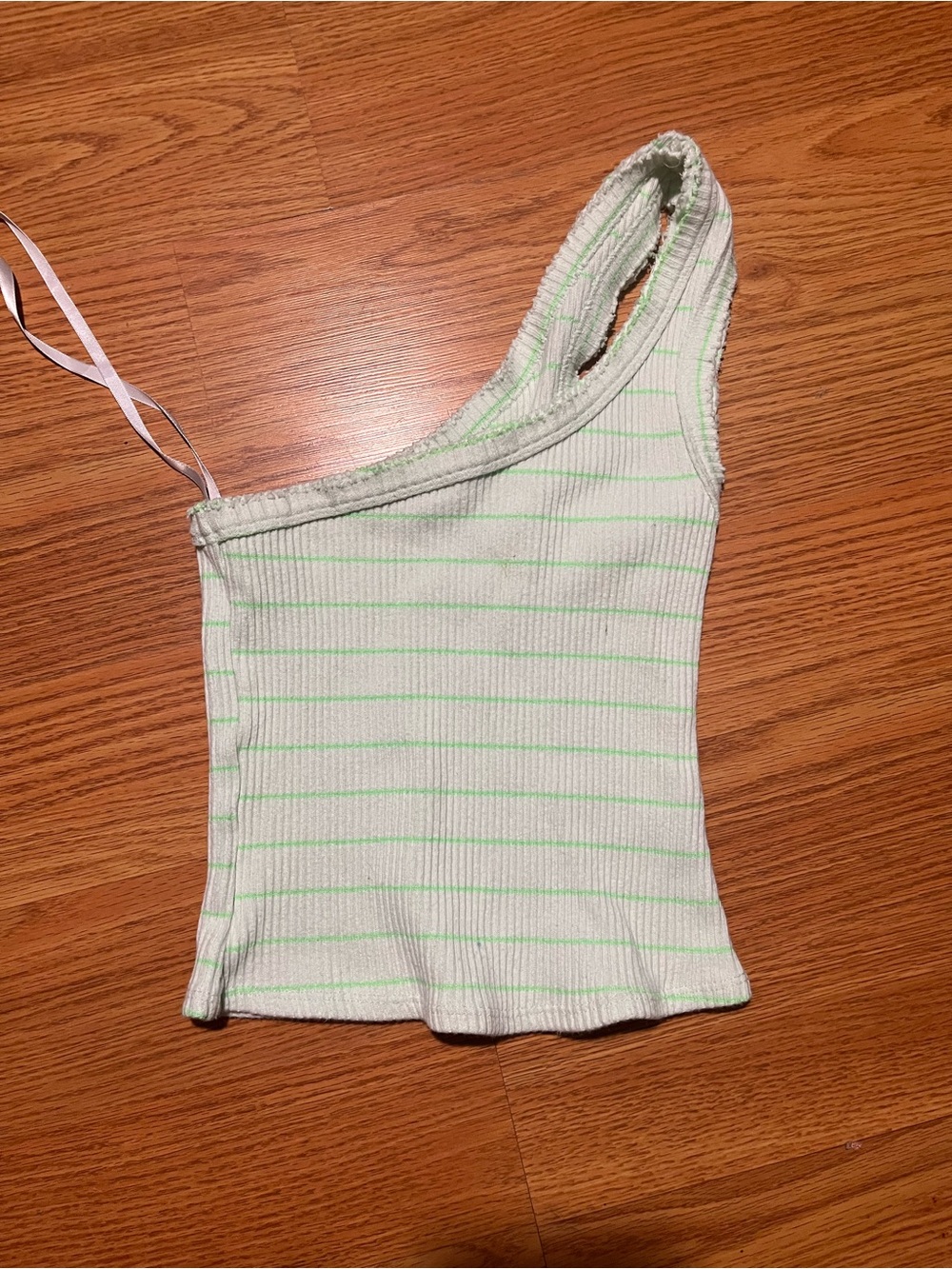 Urban Outfitters White One-Shoulder Ribbed Tank with Light Green Stripes